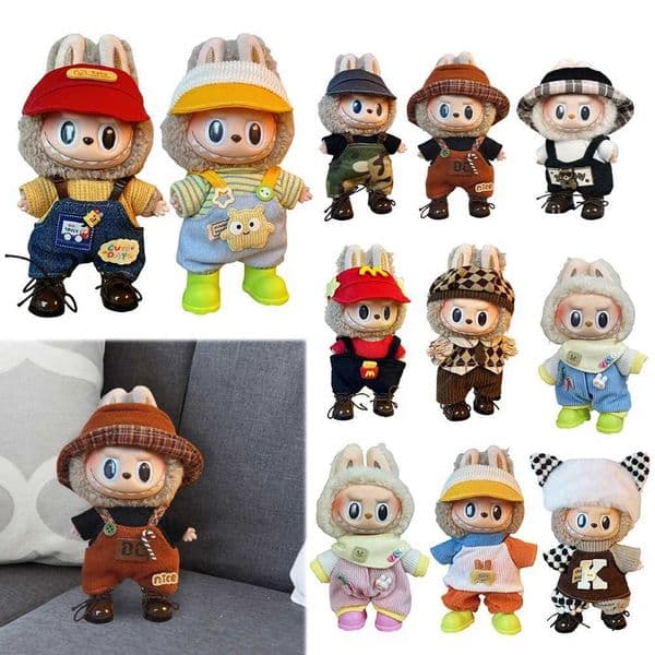 17cm Cartoon Animal Toy Overalls Decorative Kawaii Plush Dolls Jumpsuit DIY Stuffed Doll Clothing with Hat for Girls Gift X250526