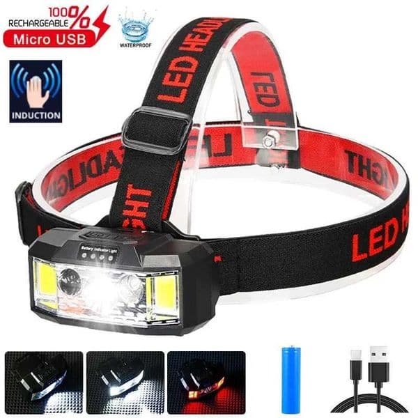 Sensor LED Headlamp Portable Red COB Camping Fishing Headlight USB Rechargeable Hat Helmet Head Flashlight Outdoor 18650 Lantern W250527