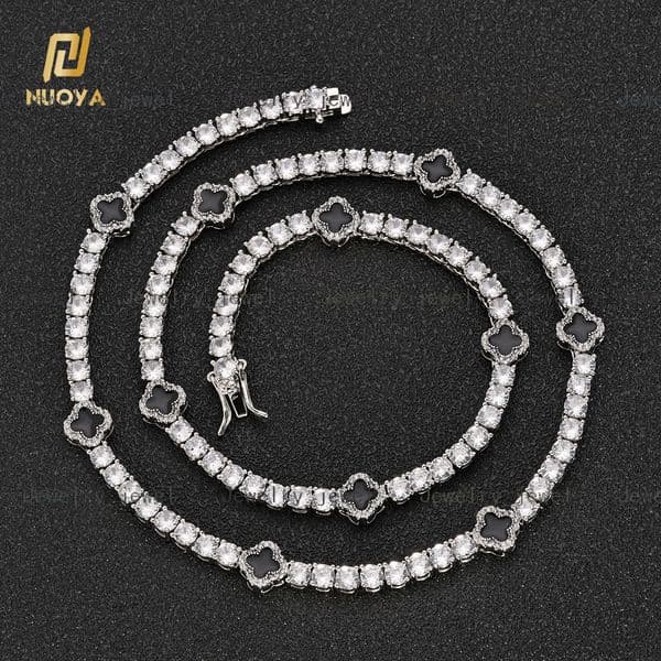 NUOYA Fashion Hiphop Jewelry Four-leaf Clover Tennis Chain Choker Necklace Women White Gold Iced Out Cubic Zircon Chain Necklace