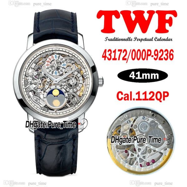 TWF Traditionnelle Perpetual Calendar 43172/000P-9236 Cal.112QP Automatic Mens Watch Skeleton Dial Phase Moon Steel Case Leather Strap 41mm Watches PureTime E186B
