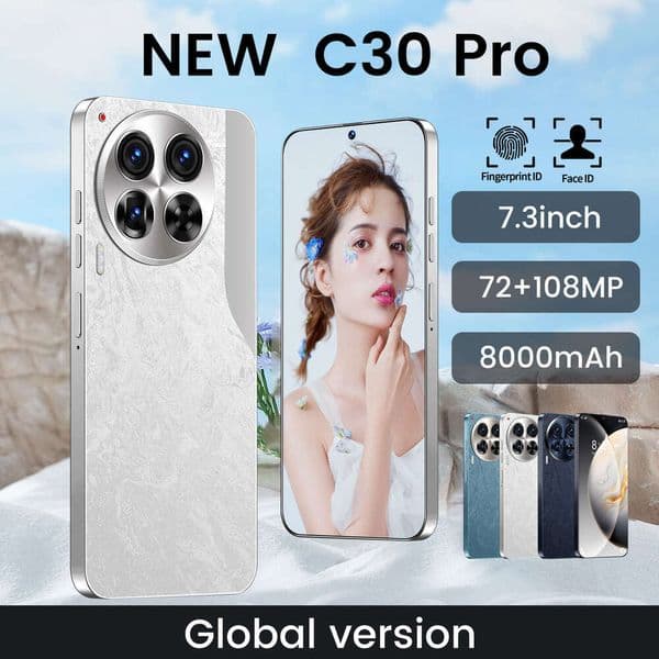 C30 Pro 16GB+1TB smart phone, dual SIM 5G Android phone, 7.3HD+ display, 13MP+50MP camera, fingerprint and facial recognition, comes with headphones + phone case