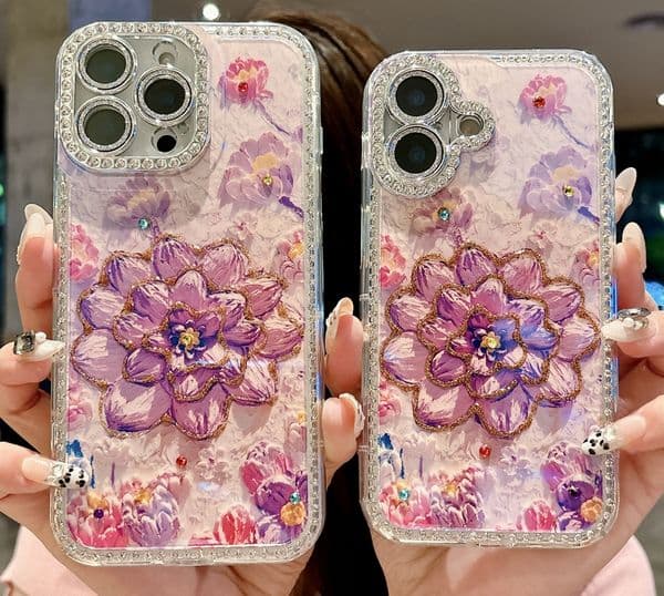 Flower Soft TPU IMD Cases For Iphone 16 Pro MAX 15 Plus 14 13 12 Iphone16 Bling Diamond Fashion Floral Glitter Lens Protector Stylish Luxury Purple Phone Cover