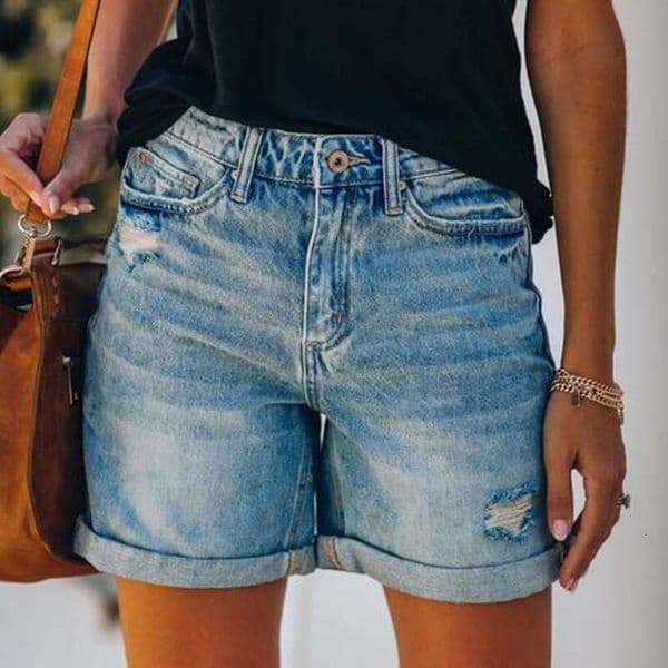 Shorts Women Denim Shorts Summer Fashion Street Style Rolled Hem Distressed Straight Leg Women Denim Shorts Jean Shorts Blue denim shorts