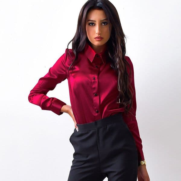 women's wear Satin Blouse Long Sleeve Turn-down Collar Button Top Women's Clothing