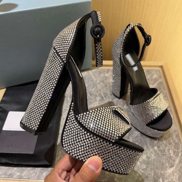 Designer heels Rhinestone Sandals Womens Dress Shoes High Heeled Women Sandal Luxury Platform Heel Classic Triangle Buckle Embellished Ankle Strap Banquet shoes