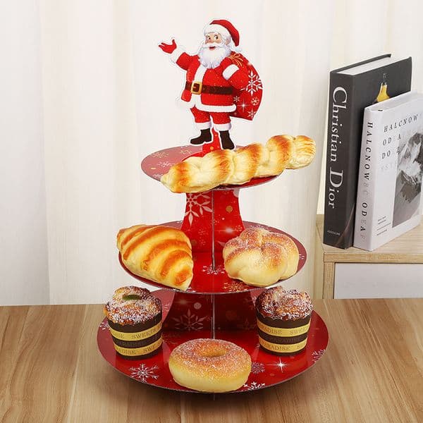 30cm Santa Claus 3-Tier Cake Stand Paper Pastry Display Stand Christmas Party Cake Tray Assembled Type For Christmas/ School Events/ Parent-child Interaction
