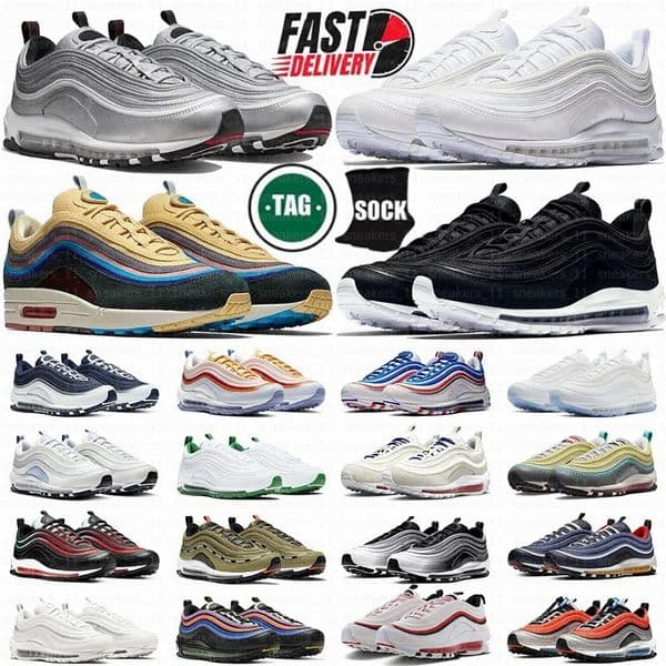 97s Designer runner shoes Men Women 97 Sneakers Triple White Red Black Pine Green Volt Reflective Bred Sail Lil Nas Satan Jesus Outdoor Sneakers