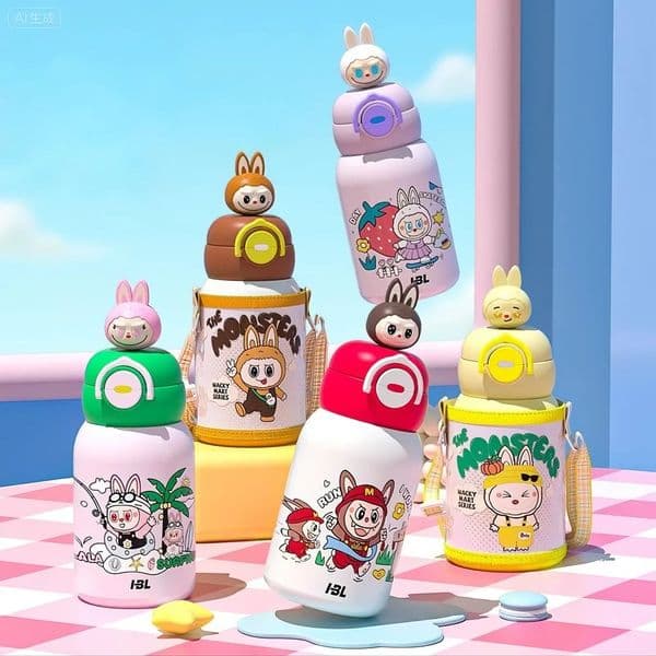550ML Labubu Water Cup Toys Cartoon Labubu 316 Stainless Steel Vacuum Bottle Students Straw Cup Party Favors For Kids Birthday Gifts By Sea