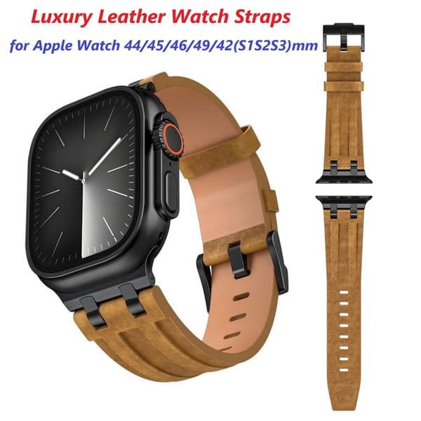 Premium Leather Watch Bands for Apple Watch Strap 44 45 46 49mm Luxury Man Vintage Genuine Leather Watch Bracelet Strap for iwatch Ultra S11 10 9 8 7 6 4 3 2 SE Wristband