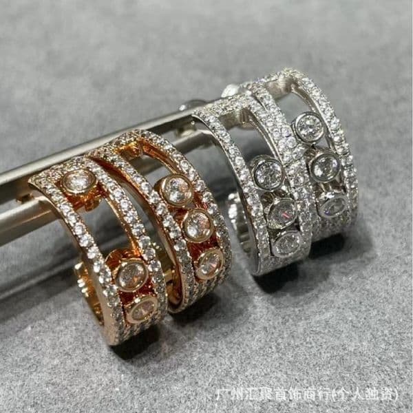 Designer Messi Inlaid Diamond Sliding Silver Needle Earrings Hoop for Women 18k Rose Gold Plated Fashionable Personality Dynamic Earrings
