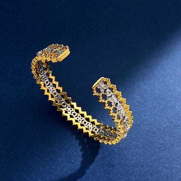 Vintage Chinese Style Luxurious Gold-Edged Hollow Inlaid Diamond Lace Edge Open Bracelet Adjustable Gold-Plated Bangle Gift for Women ddmypluto