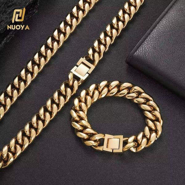 NUOYA 12mm Mens 18k Gold Plated Stainless Steel Cuban Link Necklace Hip Hop Fashion Jewelry Necklaces for Parties