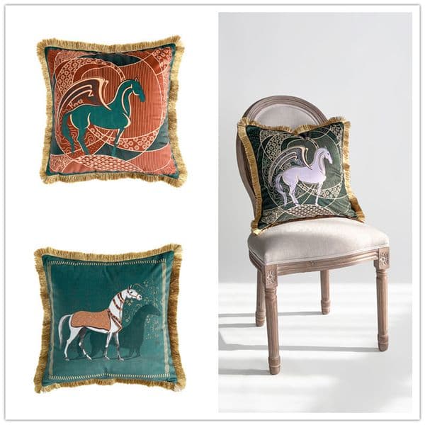 Light luxury retro mural Pegasus printing throw pillow, simple European Chinese living room mahogany sofa decorative square