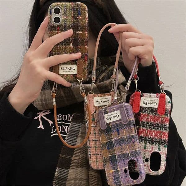 Colorful Wool Plaid Phone with lanyard, Soft Fabric Case for iPhone 16 Pro, 14, 13, Pro Max, Apple 16, 15, Plush