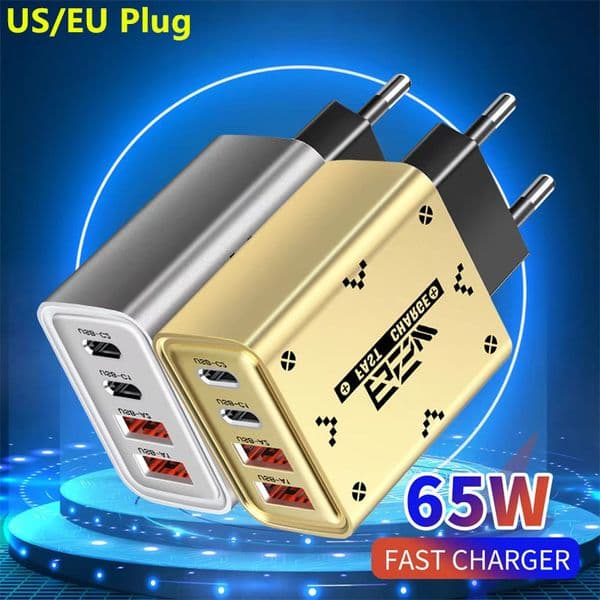 4 Ports 65W USB C Fast Charger Quick Charge PD 3.0 Type C USB-A Cellphone Fast Charging Wall Charger Travel Power Adapter For iPhone 17 16 15 14 13 ipad Samsung Xiaomi Huawei