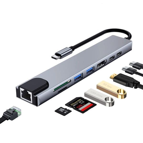 Type-C Docking Station 8-in-1 for Phones, Computers, Switch, Game Consoles, HDTV, 4K, 100M USB Multi-Function Hub free shipping
