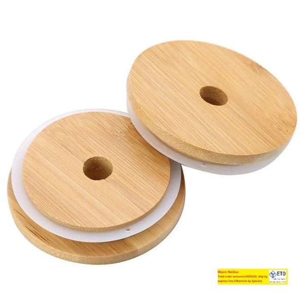 Bamboo Glass Cup Lids 70mm 88mm Reusable Wooden With Straw Hole And Silicone Seal LL