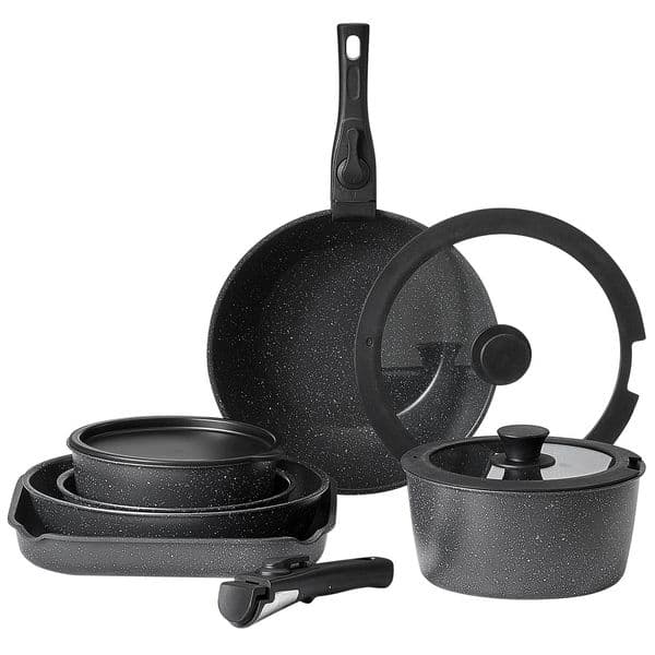 17 Piece Pots and Pans Set Granite Nonstick Kitchen Cookware Induction Black