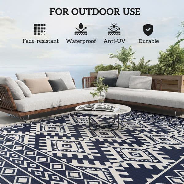 Outsunny Reversible Outdoor Rug, Waterproof Plastic Straw with Carry Bag, 8' x 10', Blue & White Rhombus Border