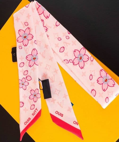 Women's Elegant Cherry Printed Silk Scarves Cherry blossom Hair Bandanas Small Tassel Hair Accessories Bundled Ribbons 5X120cm
