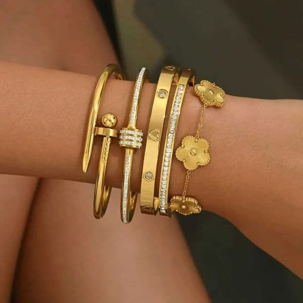 Stackable 18K Gold Plated Titanium Steel Clover Bangle Set Designer Jewelry for Women Luxury Gift