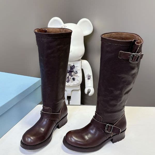 Luxury Leather Boot Designer Retro Western Cowboy Boots Womens Buckle Nappa Leather boots Ladie Wrinkled Fashion Boot Heel Height 3.5cm Sizes 35 41