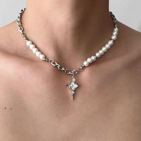 Hip Hop Imitated Pearl Cross Chain Star Pendants Necklace for Men Trendy Male Collarbone Chain Accessories Fashion Jewelry Gifts
