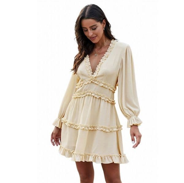 (1051) New Autumn and Winter Sexy Deep V Large Size Solid Color Ruffle Knee-length Skirt