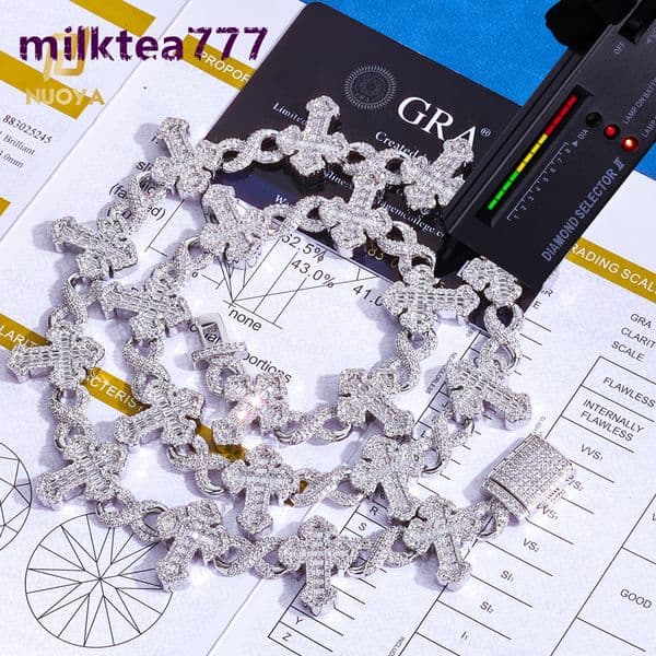 NUOYA 15mm 925 Silver Cross 8-Character Infinite Chain VVS Moissanite Cuban Chain Rap Hip Hop Diamond Necklace Fine Jewelry