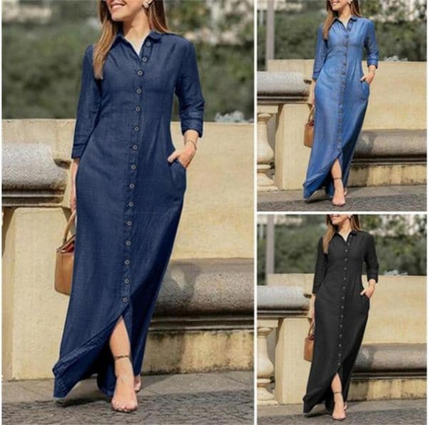 (1049) European and American Elegant and Fashionable Long-sleeved Lapel Cardigan Solid Color Long Denim Dress