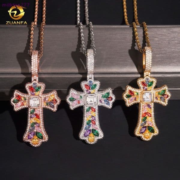 Luxury Colorful Multi Cutting Hip Hop Rapper Men Jewelry Pendant Brass 5A moissanite Iced Out Cubic moissanite Diamond Fashion Cross Pendant