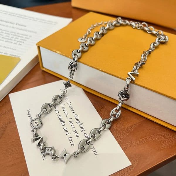 Silver - Link Necklace With Unique Geometric Patterned Charms Edgy & Fashionable Daily Jewelry Piece For Her Distinctive And Trendy Accessory