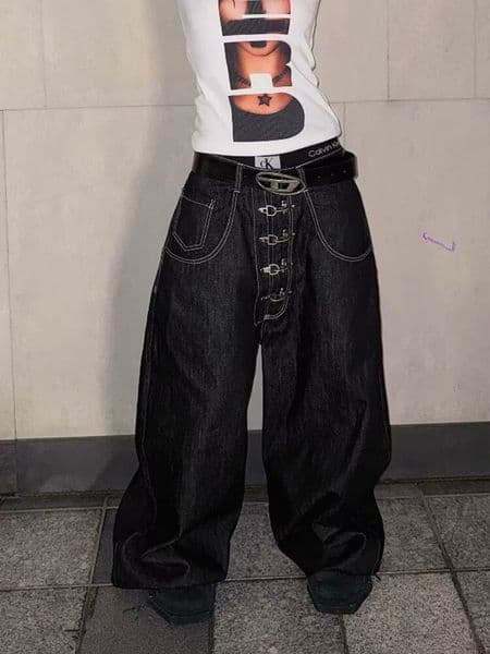 American high street retro airplane buckle fringed jeans for men and women niche design high-end straight leg long pants