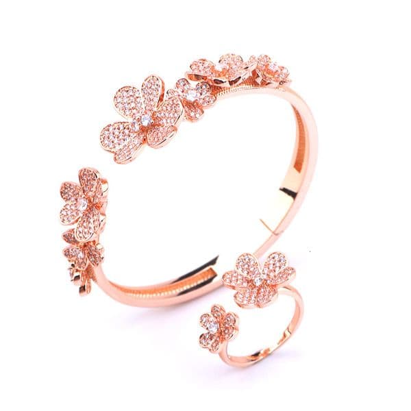 Fashion Full Zircon Three-Leaf Flower Bracelet Fresh Open Ring Set For Women Light Luxury Elegant Jewelry 79