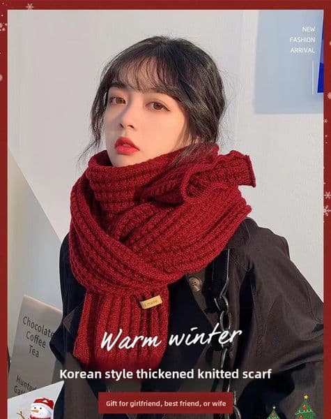Winter warm long knitted scarf, Korean-style woolen couple solid color, high-end embroidery, versatile, windproof thick neck protection scarf for both men and women