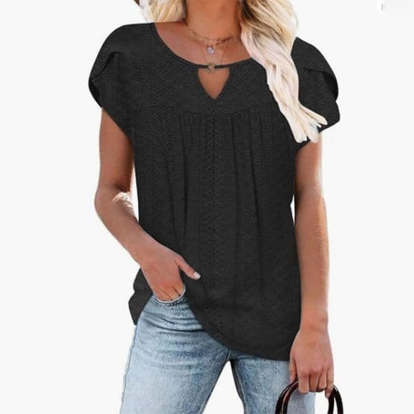 Women's Round Neck Cutout Eyelet Short Sleeve Blouse - Ruffled Casual Loose Top DH8828
