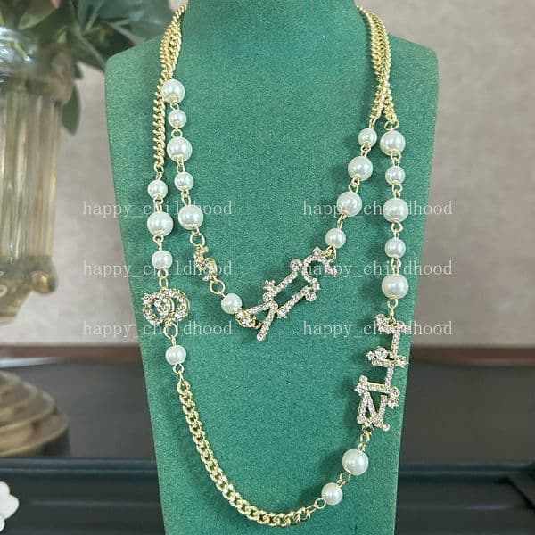 Designer Necklace luxury necklace Gold Plated Crystal Pearl Pendants Sweater chain Necklace for Wedding Jewerlry Accessories 20 Style