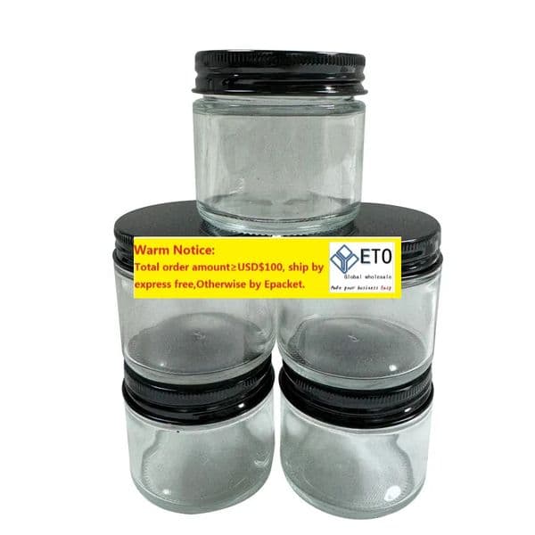 Glass Jar Aluminum Lids 60ML Clear Container Glass Jars Food Storage Containers Clear Glass Bottles Black Cover Custom Logo Stickers Label ZZ
