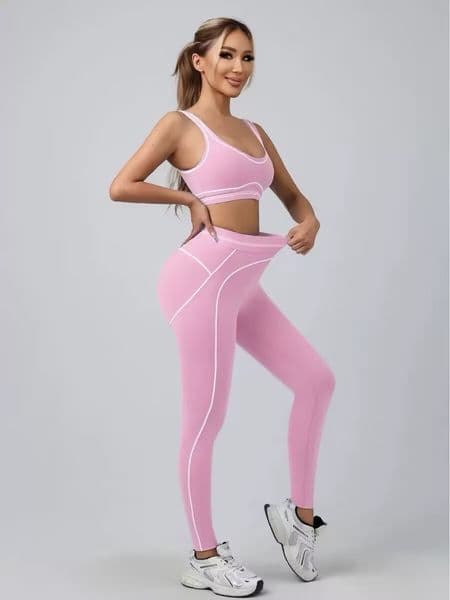 Women Pink Workout Set Fitness High Waist Leggings Long Pants Breathable Sports Vest Sportswear Gym Body Shaping Clothing YJK08