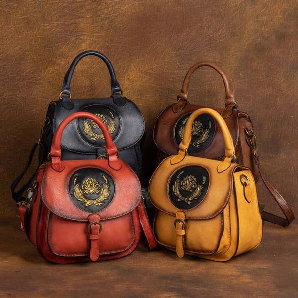 Backpack Style Vintage Distressed Leather 2-in-1 Handbag Backpack - Metal Emblem Embossed Shoulder Bag for Women Daily Commute C325