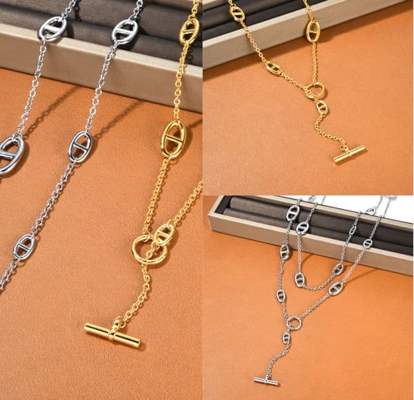 long necklace titanium steel Sier Necklace double layered with OT button clavicle chain designer jewelry high sense overlapping wear choker 642