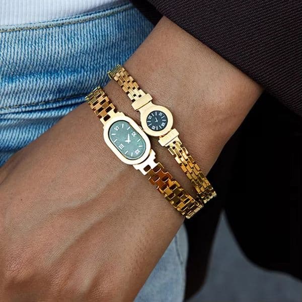Waterproof Simple Stainless Steel 18K PVD Gold Plating Oval Round Acrylic Rome Number Watch Hinge Bangle