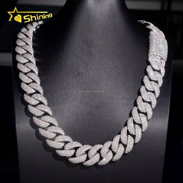 New Design 20mm Three Row Stone Big Size Rapper Man Jewelry Iced Out Moissanite S925 Hip Hop Miami Cuban Link ChainBracelet Set