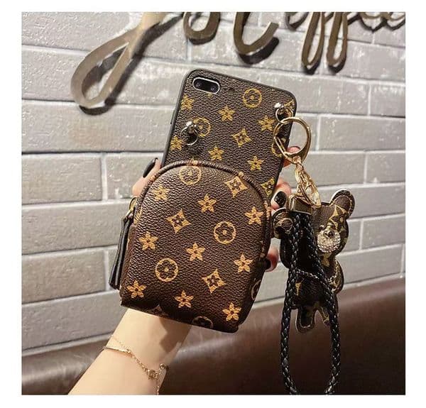 Classic Floral Pattern Crossbody Phone Case with Lanyard Mini Wallet Bear Charm Shockproof Cover for iPhone Series
