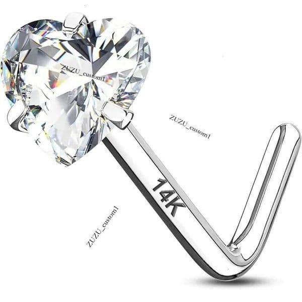 Real Gold 14K 3 20G Studs L Shaped Rings for Women Men Dia CZ Nose Piercing 070