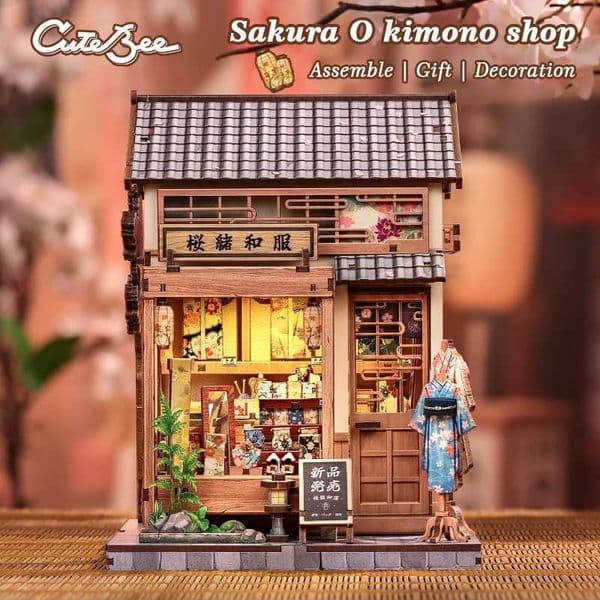 CUTEBEE Book Nook Kit DIY Doll House Wooden Puzzle Bookshelf Insert Miniature Model Christmas Gift for Sakura O kimono Shop X251211