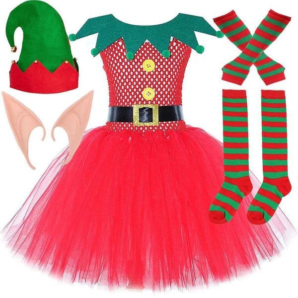 Red Christmas Elf Tutu Dress for Girls Xmas Carnival Party Costumes for Kids New Years Clothes Children Outfit with Elves Ears X251212