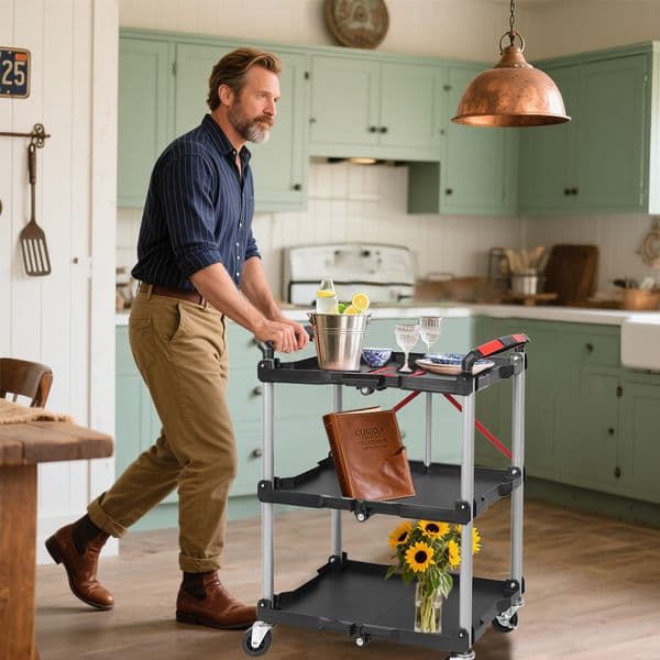 Foldable Utility Service Cart 3 Shelf Heavy Duty Plastic Rolling Cart with 360° Swivel Wheels Ergonomic Handle Portable Garage Tool Cart for Warehouse Office Home