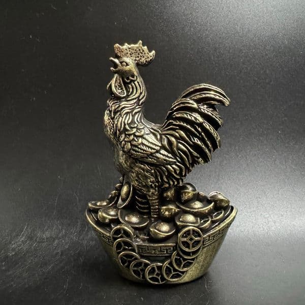 Brass Chinese Zodiac Small Ornament, Desktop Home Living Room Decoration, Pure Copper Rooster for Protection and Good Fortune