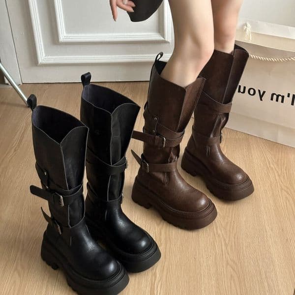 2026 Top cowhide luxury shoes thick soled heel over the knee women boots winter new leather buckle strap designer retro style long leg knight